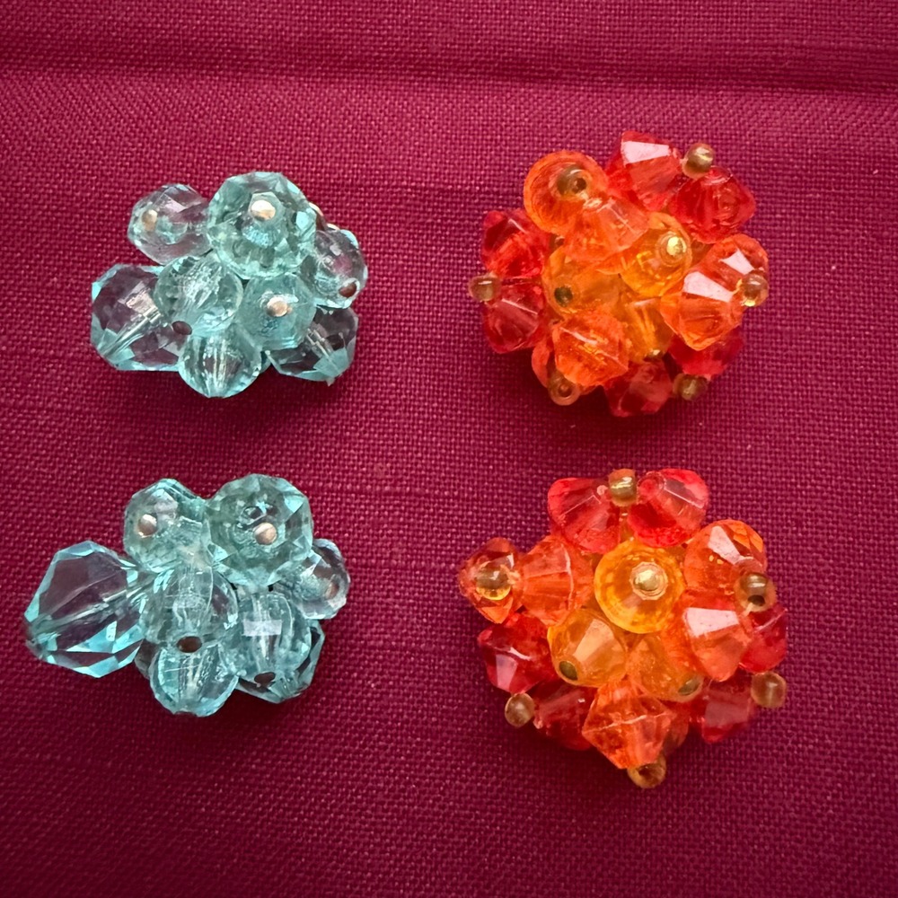 Vintage West Germany Clip On Earrings Bundle Orange Aqua Blue Bead Cluster 2 Pr